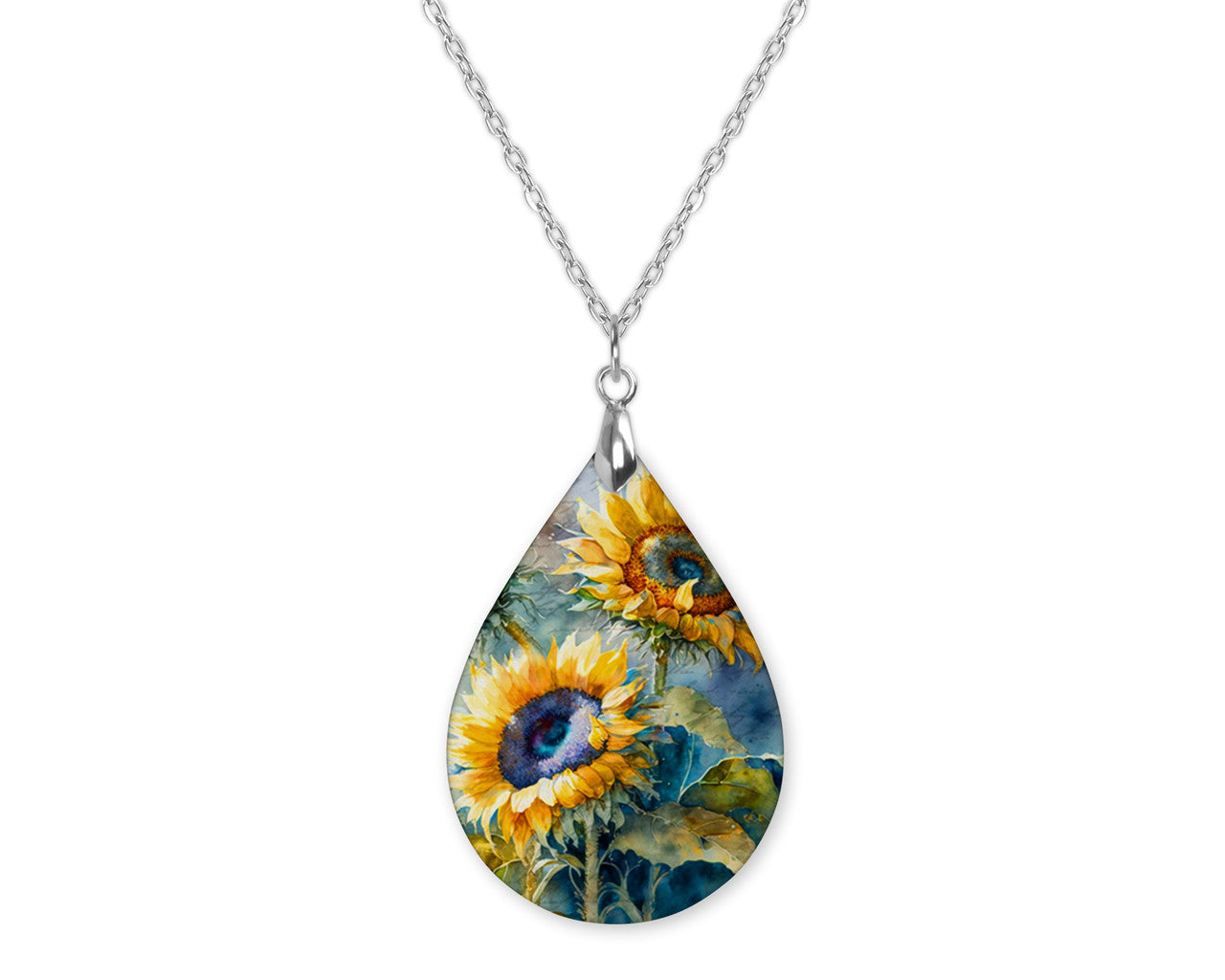 Sunflower Watercolor Art Fall Teardrop Shape Necklace