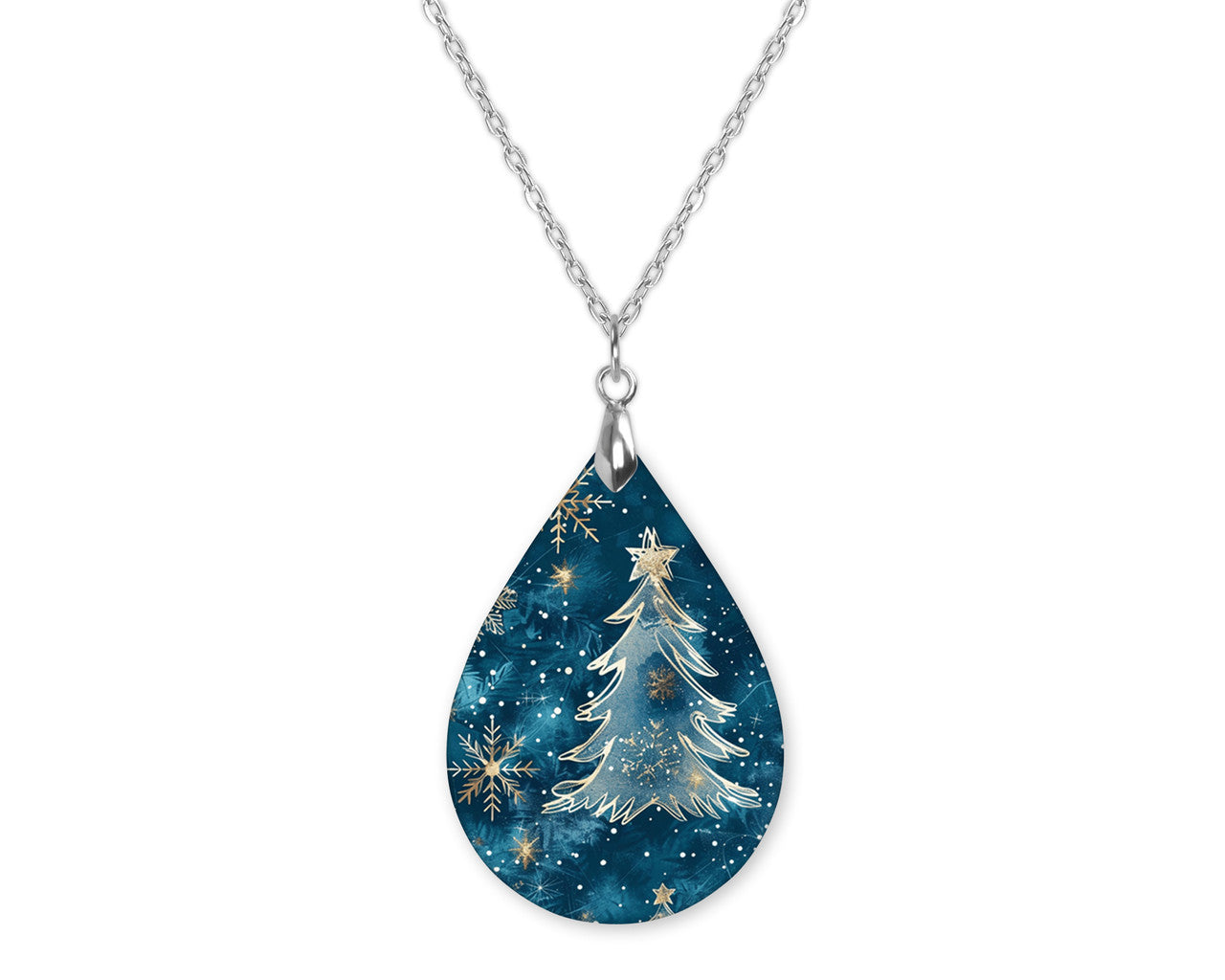Teal Winter Tree Teardrop Shape Necklace