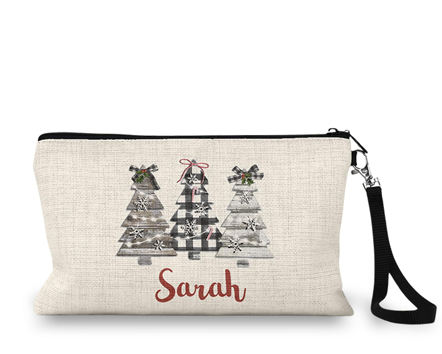 Personalized plaid Christmas trees Makeup Bag front view on a white background