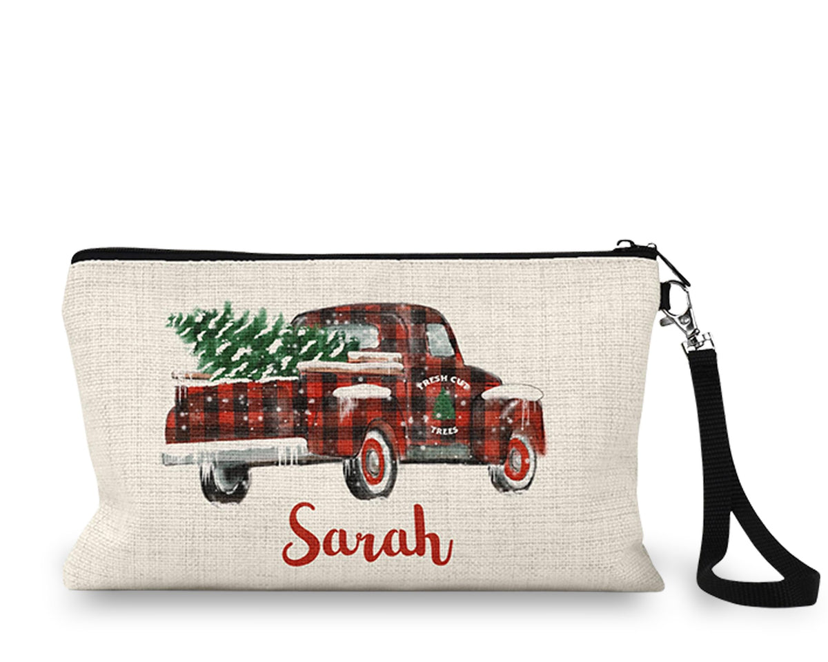 Personalized red truck Christmas Makeup Bag front view on a white background