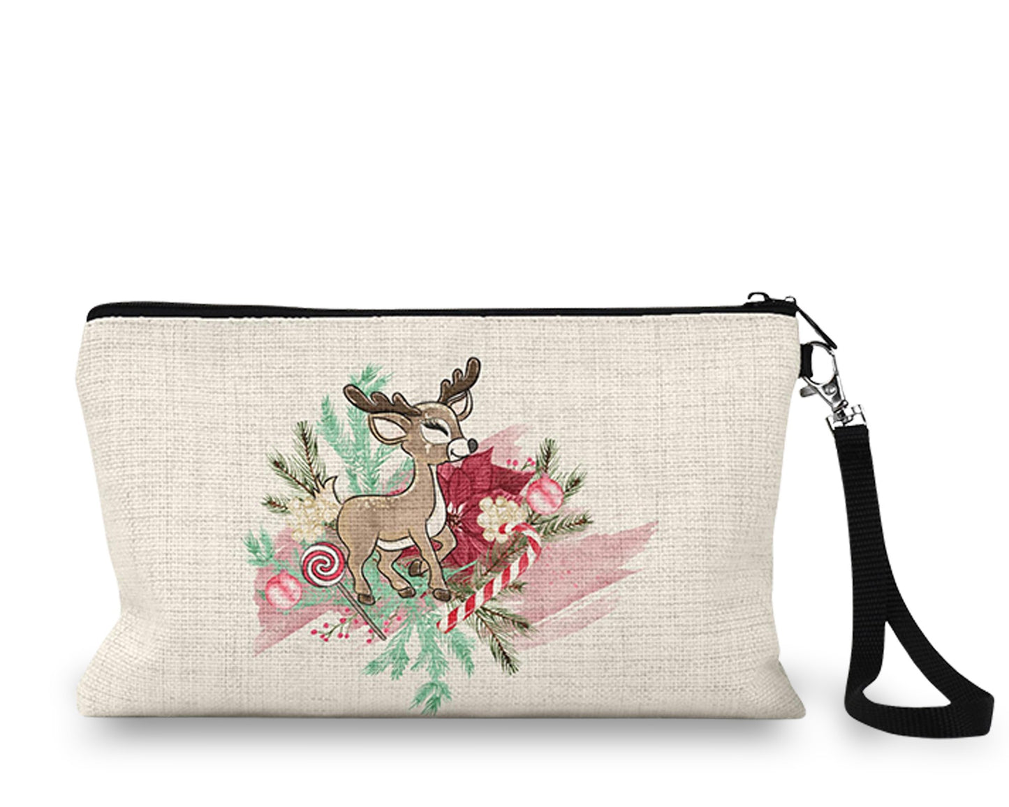Pink watercolor reindeer Makeup Bag front view on a white background