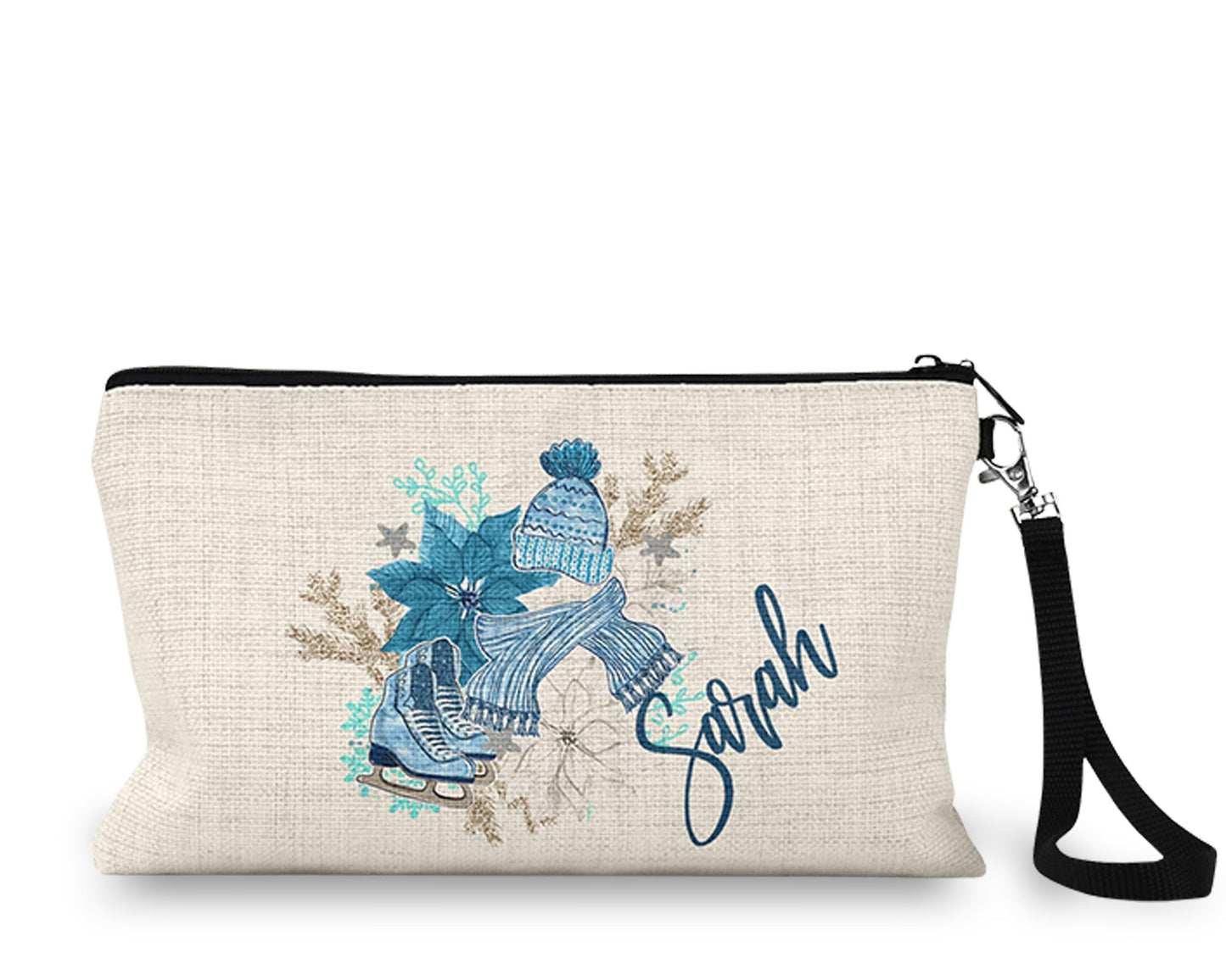 Personalized winter ice skates Makeup Bag front view on a white background