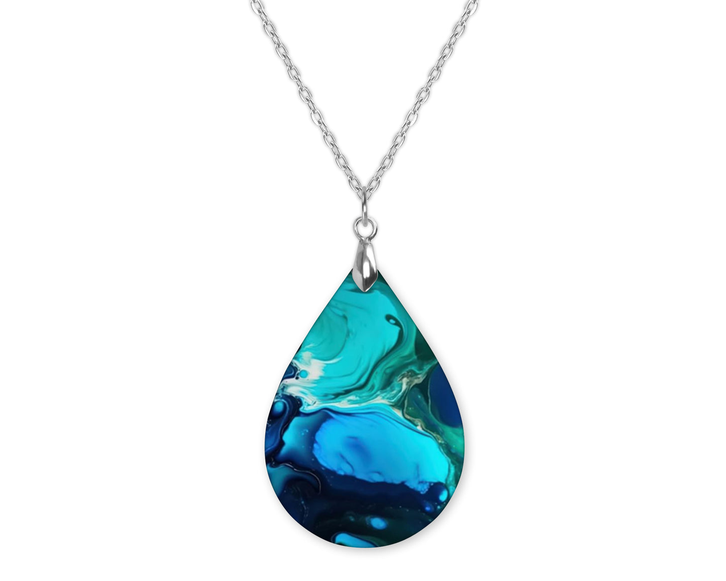 Blue Teal Paint Pour Teardrop Earrings