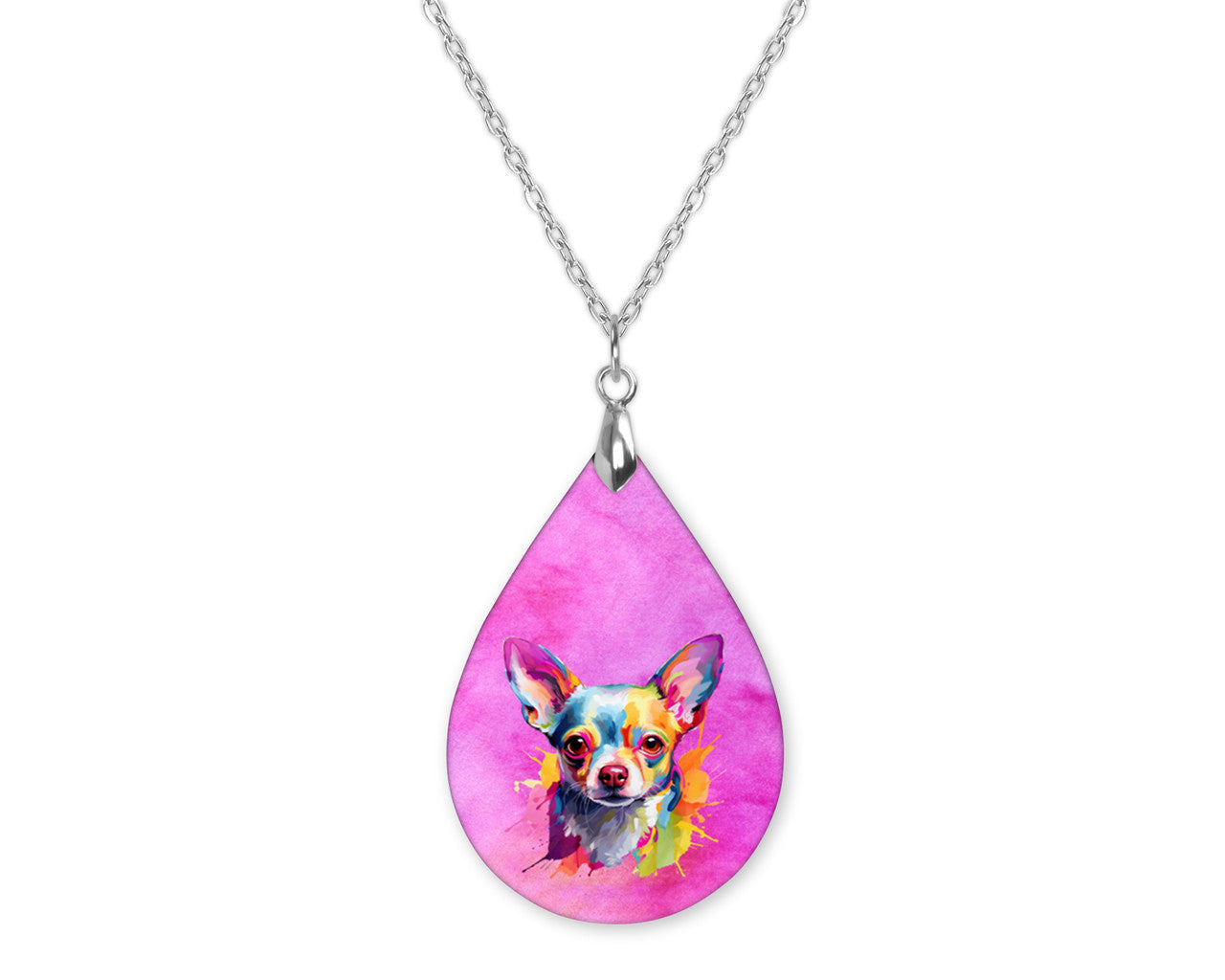 Chihuahua Color Splatter Art Teardrop Shape Necklace