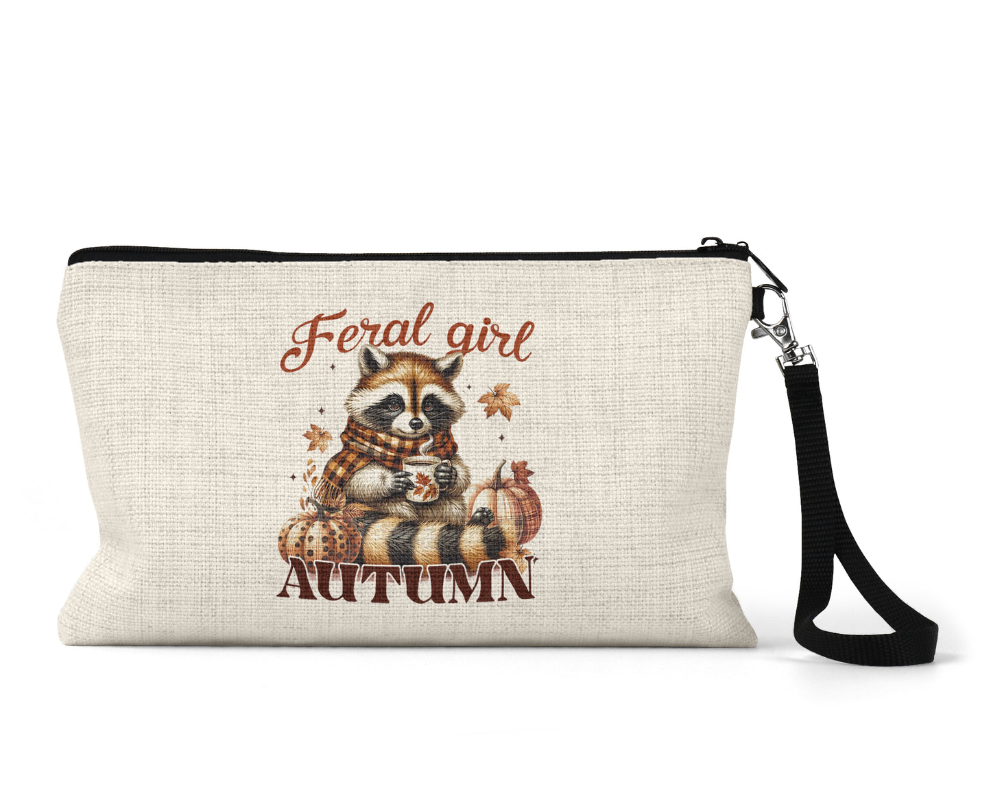 Feral Girl Autumn Raccoon Makeup Bag front view on a white background