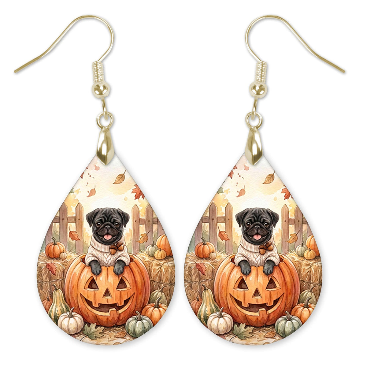 Black pug in a jack-o-lantern teardrop earrings with gold hooks