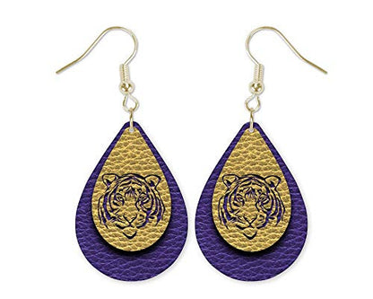 Purple and Gold Tiger Teardrop Earrings – Game Day Jewelry, Sports Fan Earrings for Women