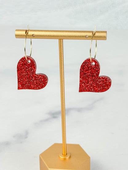 Heart Earrings – Red Glitter Acrylic Hoop Dangles