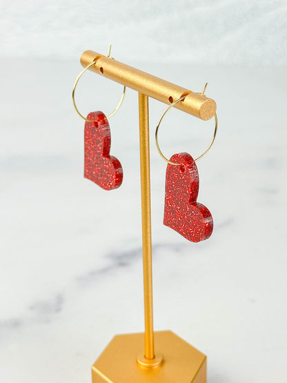 Heart Earrings – Red Glitter Acrylic Hoop Dangles