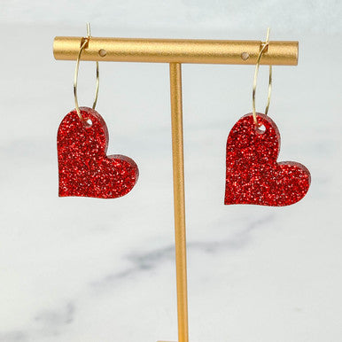 Heart Earrings – Red Glitter Acrylic Hoop Dangles