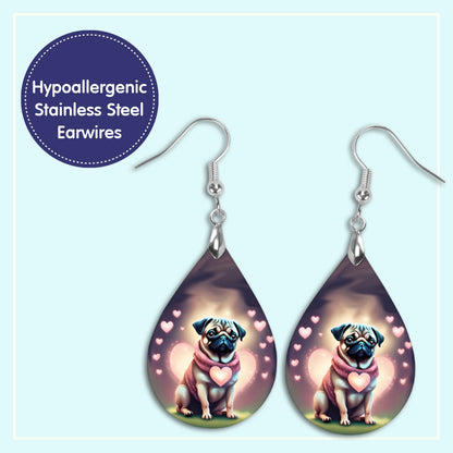 Valentine's Day Earrings – Cute Pug Dog Earrings with Heart Design, Handmade Pet Lover Gift