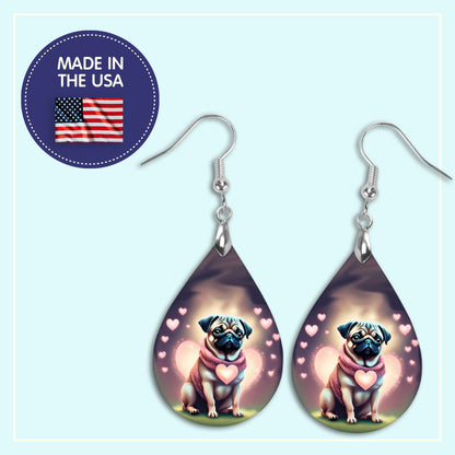 Valentine's Day Earrings – Cute Pug Dog Earrings with Heart Design, Handmade Pet Lover Gift