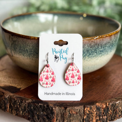 Pink Christmas Tree Earrings - Festive Holiday Jewelry