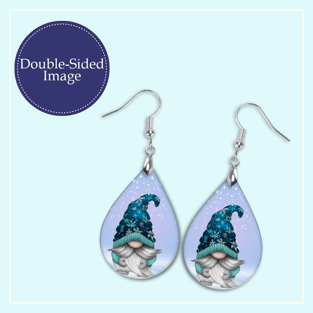 Blue Winter Gnome Teardrop Earrings – Snowflake Holiday Jewelry