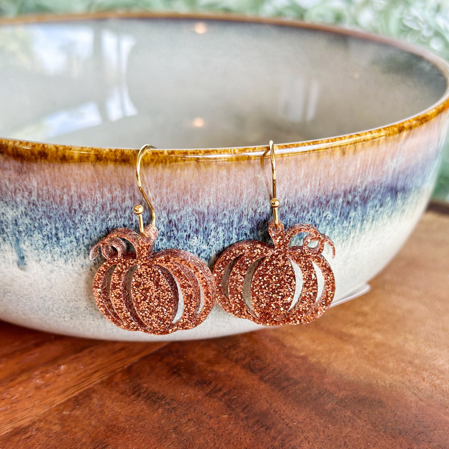 Bronze Glitter Pumpkin Earrings – Handmade Fall Dangle Earrings for Women, Hypoallergenic Jewelry for Halloween & Thanksgiving