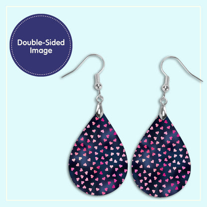 Valentine's Day Earrings – Navy Teardrop with Pink Hearts, Cute Handmade Jewelry