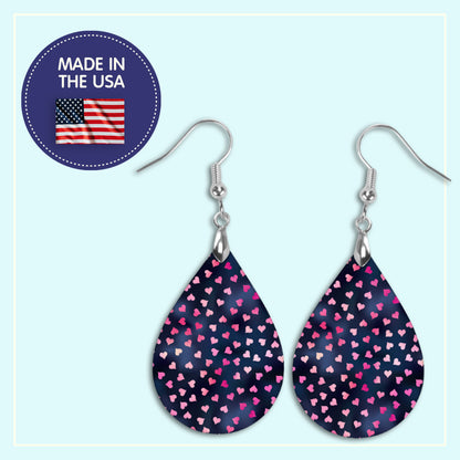 Valentine's Day Earrings – Navy Teardrop with Pink Hearts, Cute Handmade Jewelry
