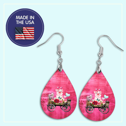 Valentine’s Day Pig Earrings – Pink Wagon Teardrops with Hearts and Flowers