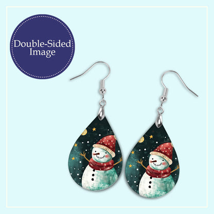 Snowman Santa Hat Christmas Teardrop Earrings - Festive Holiday Jewelry