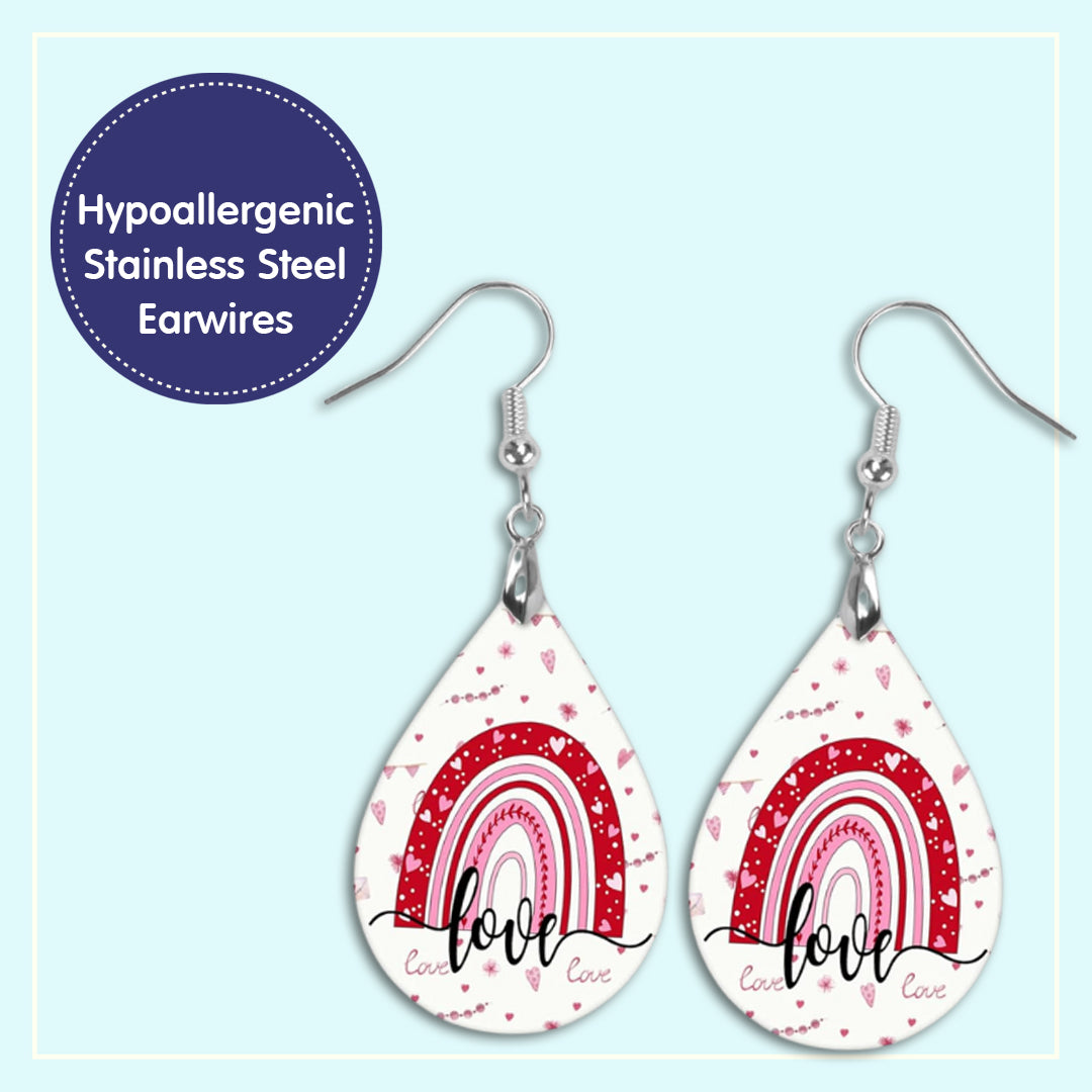 Valentine's Day Teardrop Earrings with Rainbow Design – Double-Sided Printed MDF Wood – Two Sizes Available