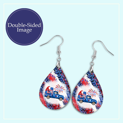 4th of July Gnome Pickup Truck Earrings - Festive Red, White and Blue Dangle Earrings