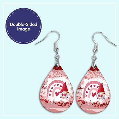 Valentine Gnome Teardrop Earrings – Pink Heart Rainbow Design