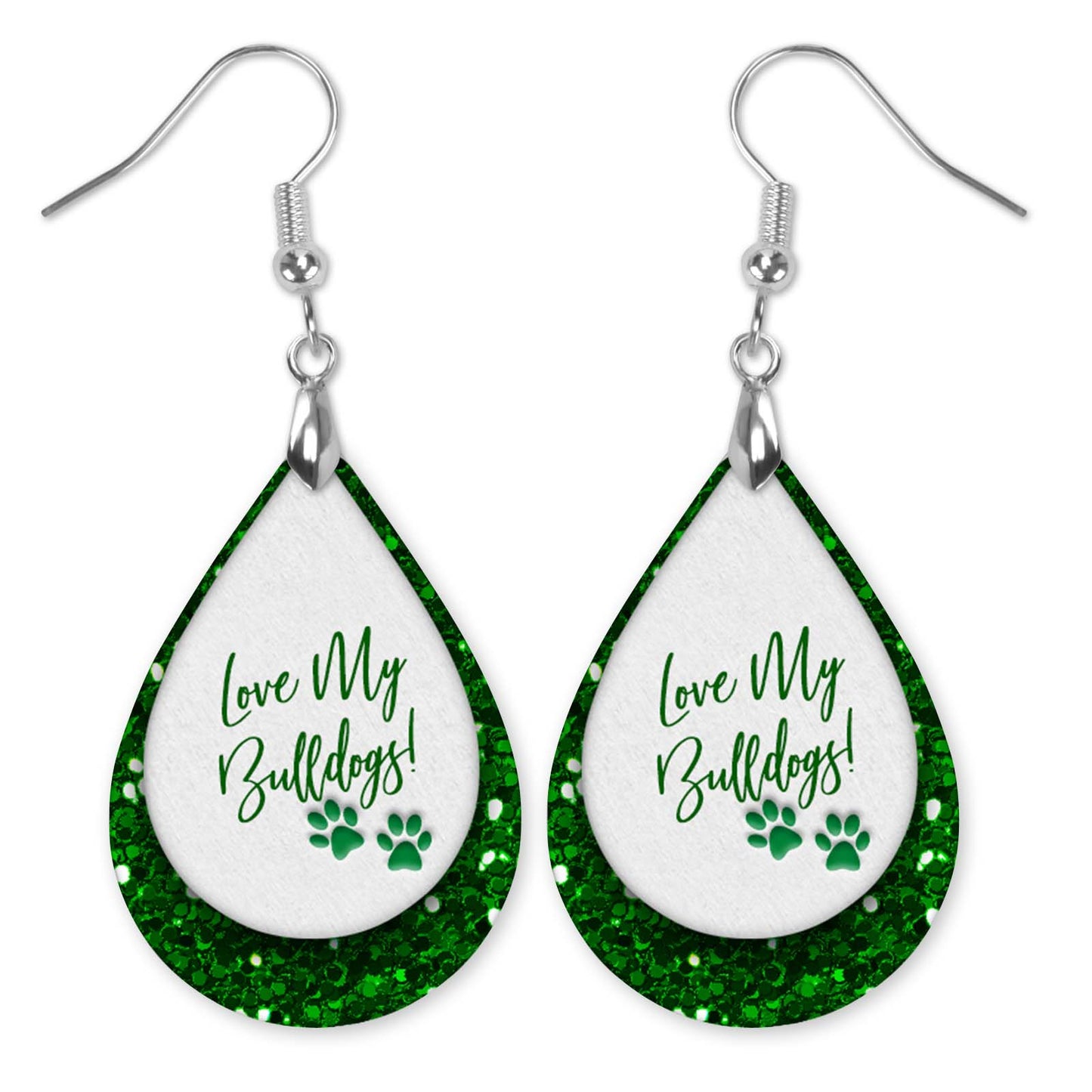 Handmade Green and White Earrings, Bulldog School Spirit Jewelry, Football Gameday Earrings