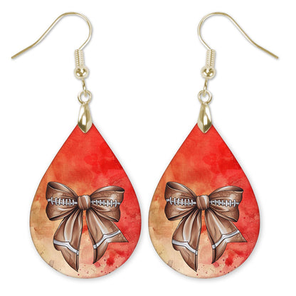 Football Earrings Coquette Bow Red Gold Dangle MDF Wood Gameday Jewelry