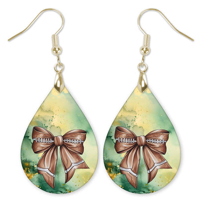 Coquette Bow Green Gold Dangle Football Earrings - MDF Wood Gameday Jewelry