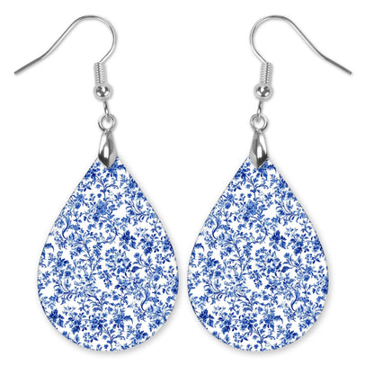 Blue Chinoiserie Toile Teardrop Earrings