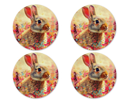 Spring Bunny Neoprene Coaster Set – Floral Rabbit Drink Coasters (Set of 4)