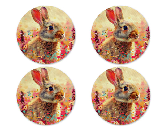 Spring Bunny Neoprene Coaster Set – Floral Rabbit Drink Coasters (Set of 4)