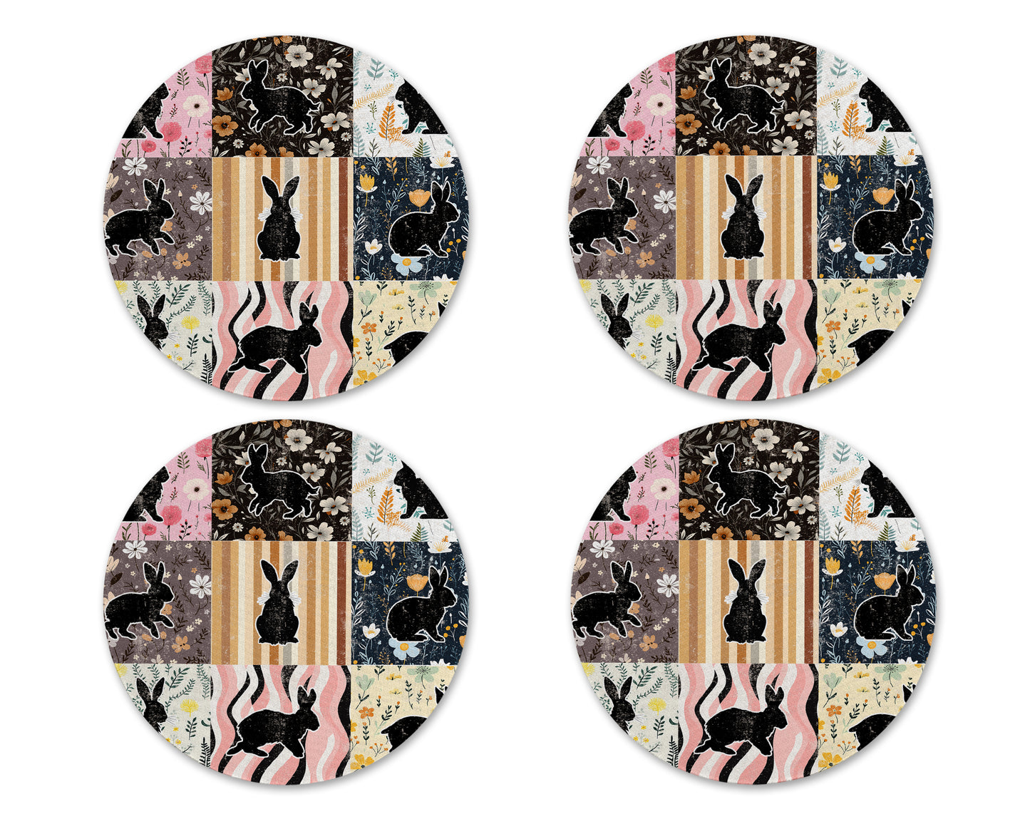 Vintage Bunny Patchwork Neoprene Coaster Set – Spring Rabbit Drink Coasters (Set of 4)