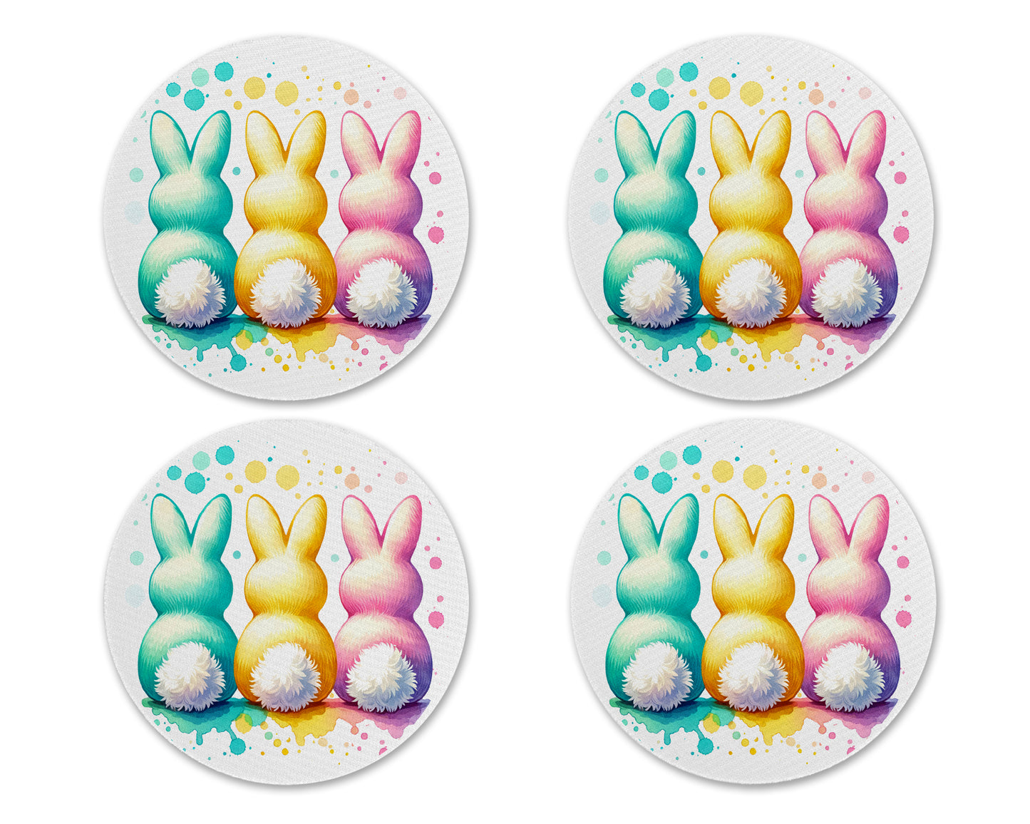Pastel Easter Bunny Neoprene Coaster Set – Colorful Spring Drink Coasters (Set of 4)