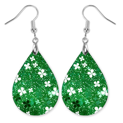 Shamrock Earrings Dark Green White Wood St Patrick's Day Teardrop Earrings