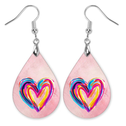 Heart Earrings Pink Watercolor MDF Wood Valentines Day Teardrop Earrings