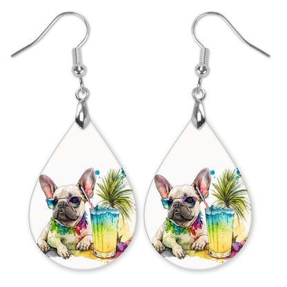 French Bulldog Dangle Earrings in White Teal Tropical MDF Wood - Perfect Gift for Dog Lovers