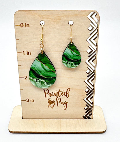 Green & Gold Teardrop Earrings – Handmade Agate-Style Jewelry in Two Sizes