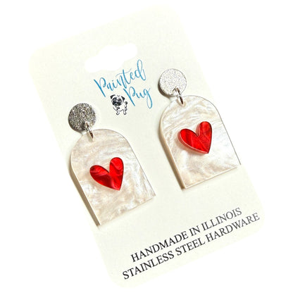 Valentine’s Day Pearl Arch Earrings with Red Heart – Lightweight Acrylic Dangles