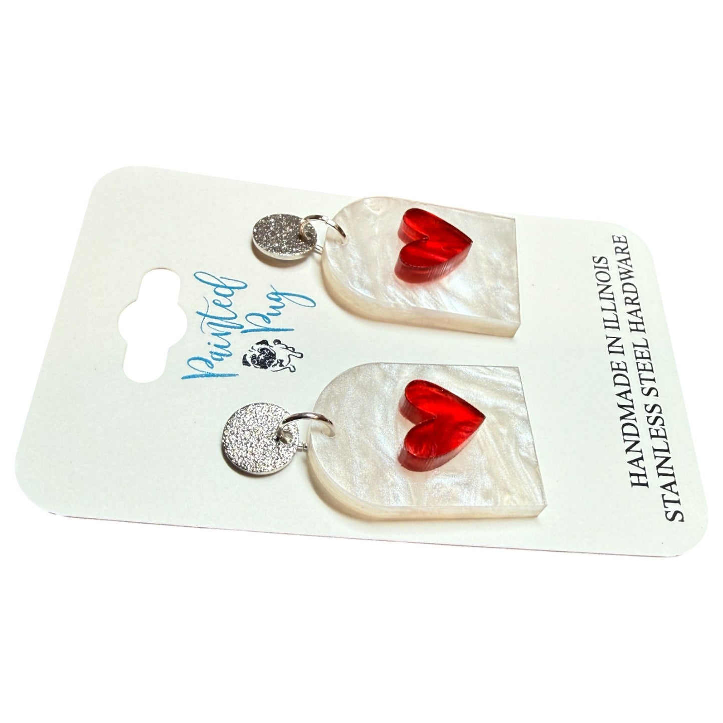 Valentine’s Day Pearl Arch Earrings with Red Heart – Lightweight Acrylic Dangles
