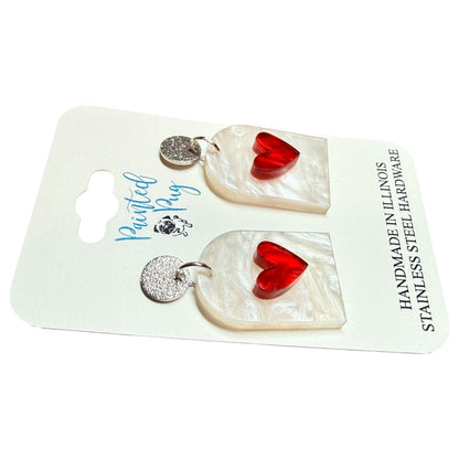 Valentine’s Day Pearl Arch Earrings with Red Heart – Lightweight Acrylic Dangles