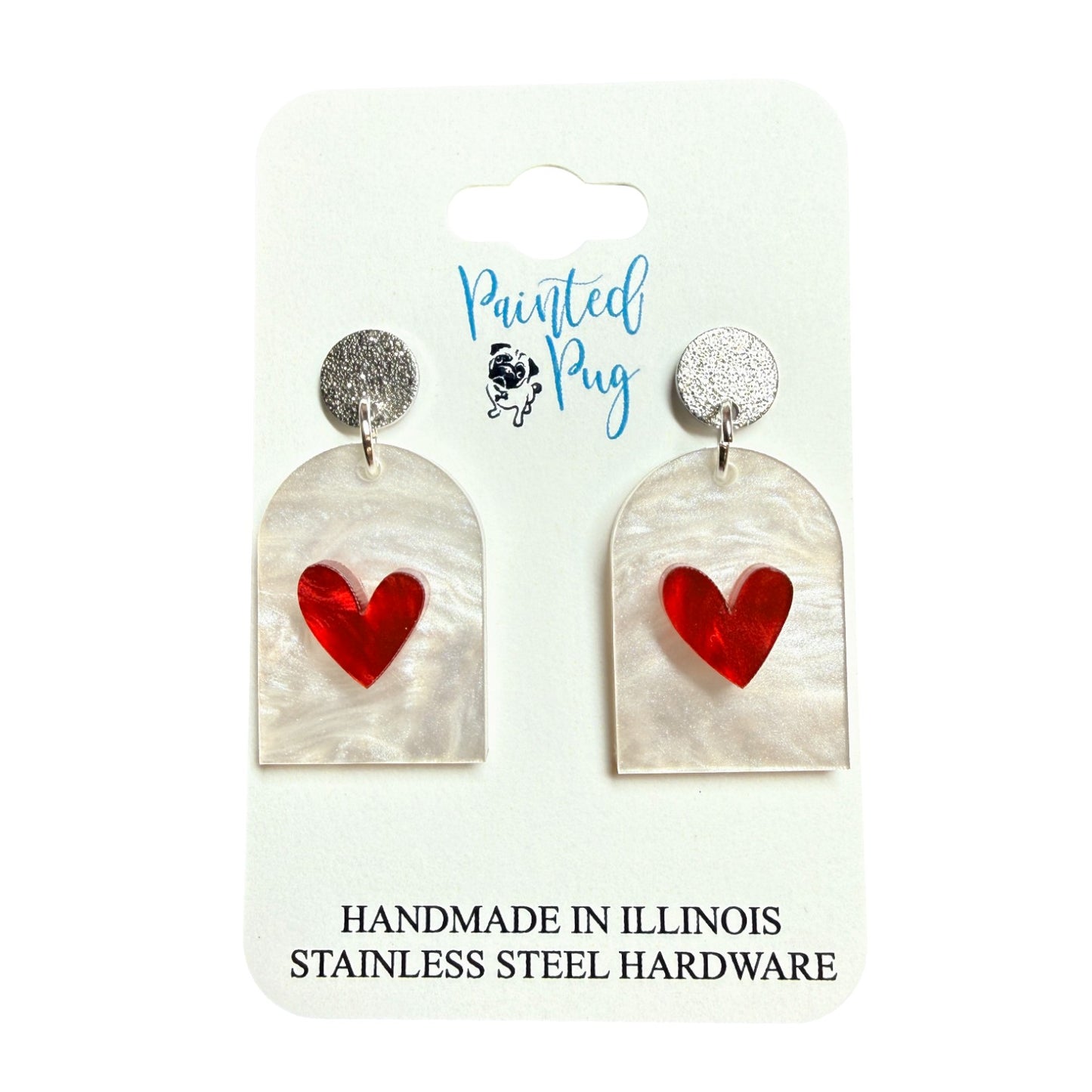 Valentine’s Day Pearl Arch Earrings with Red Heart – Lightweight Acrylic Dangles