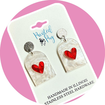 Valentine’s Day Pearl Arch Earrings with Red Heart – Lightweight Acrylic Dangles