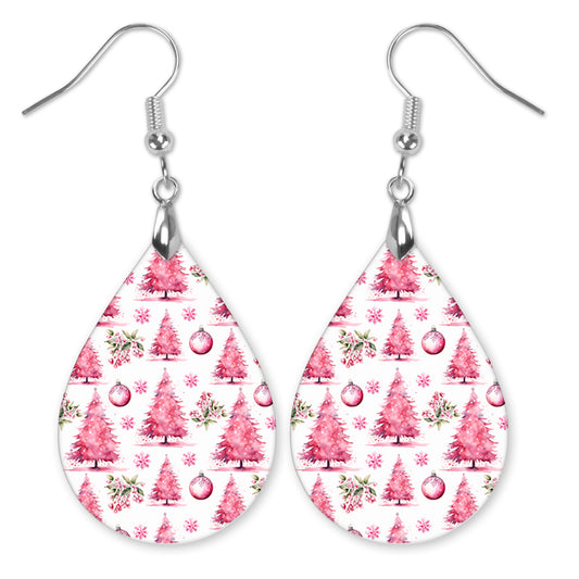 Pink Christmas Tree Earrings - Festive Holiday Jewelry