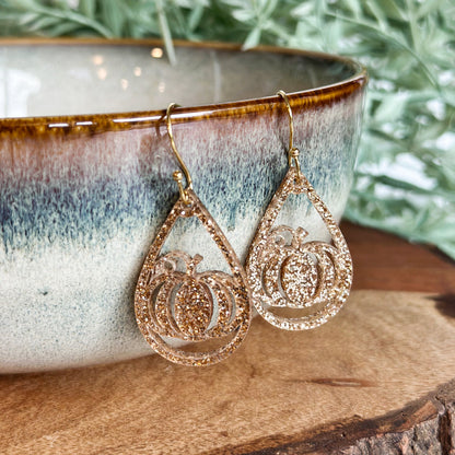 Gold Glitter Pumpkin Teardrop Earrings | Sparkly Acrylic Fall Jewelry