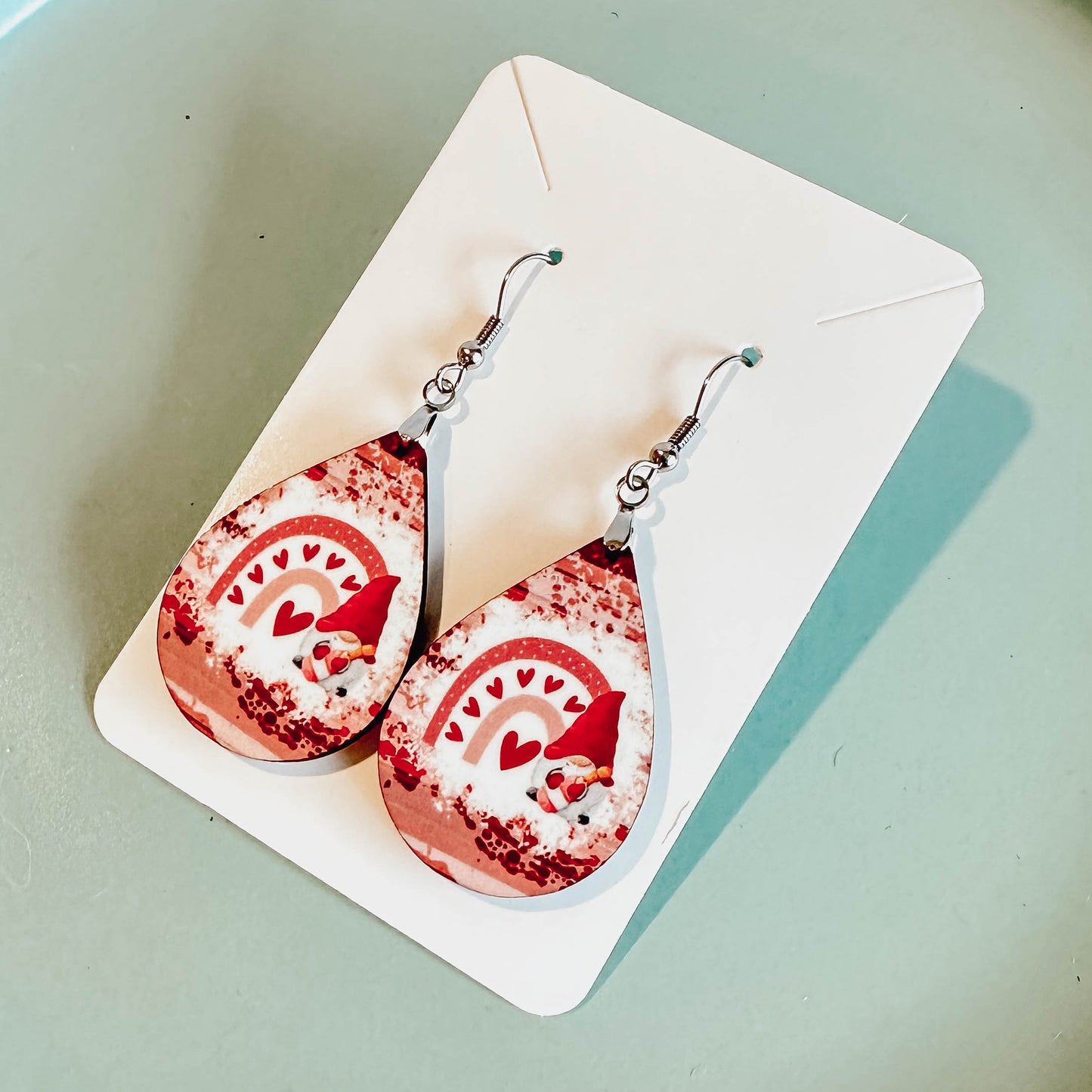 Valentine Gnome Teardrop Earrings – Pink Heart Rainbow Design