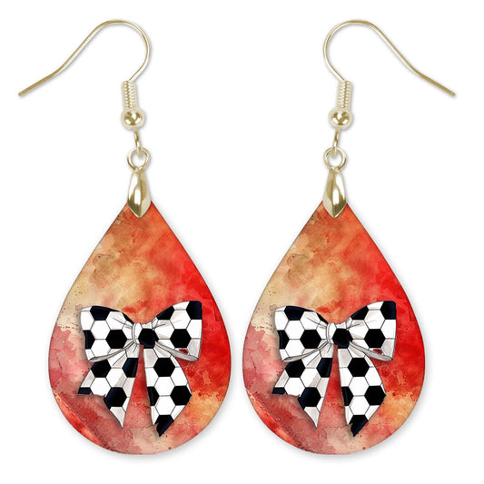 Soccer Dangle Earrings Red Orange Boho Coquette Bow