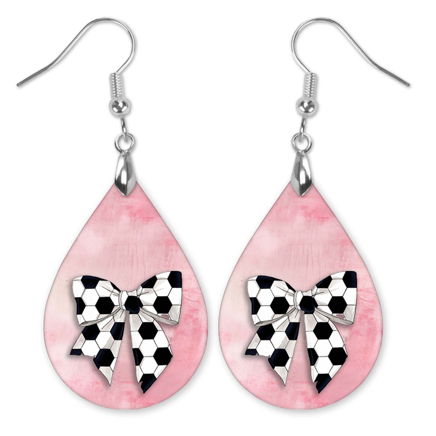 Pink Soccer Dangle Earrings, Boho Printed Wood, Coquette Bow