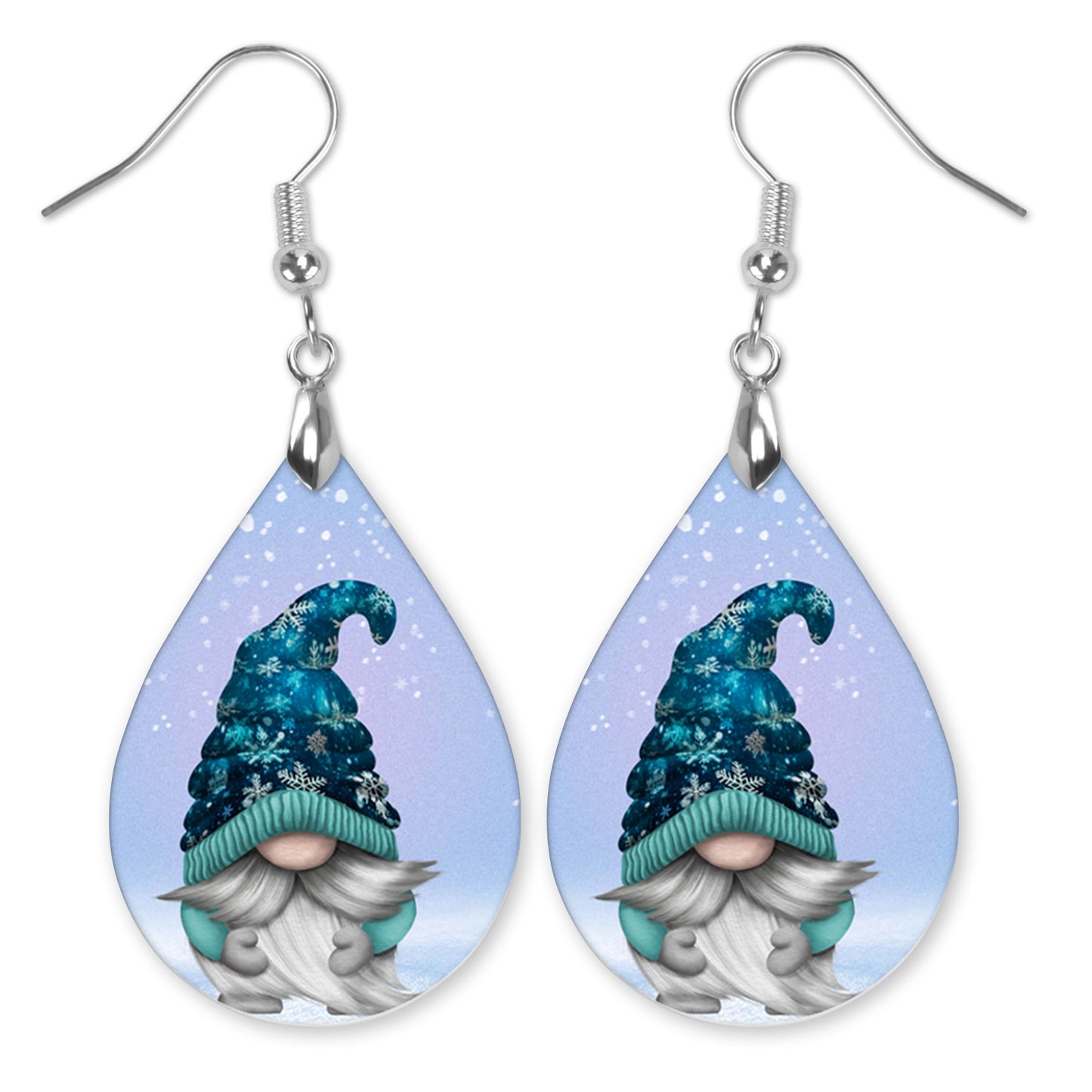 Blue Winter Gnome Teardrop Earrings – Snowflake Holiday Jewelry