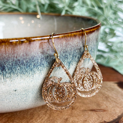 Gold Glitter Pumpkin Teardrop Earrings | Sparkly Acrylic Fall Jewelry